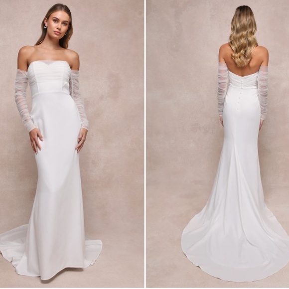 LULU's Elegant Sophisticated Sexy Mesh Off-the-Shoulder Long Sleeve Bridal Gown - Picture 1 of 6
